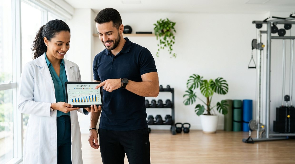 Nutricionista e personal trainer atendendo com o FitNutriPro