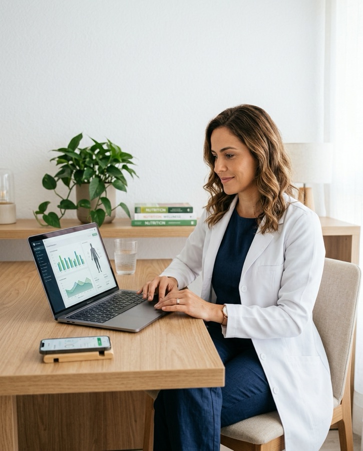Nutricionista atendendo com o painel do FitNutriPro